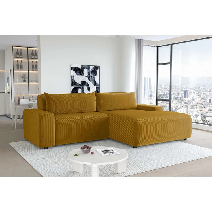 99rooms Tivoli Ecksofa Cordstoff POSO Gold Rechts mit Kissen