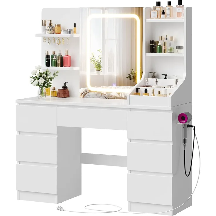JUMMICO Schminktisch Groß 108cm, Frisiertisch mit Beleuchtung (3 Farben), Makeup Table mit Viel Stauraum, Schminktisch mit Steckdose & Haken, Vanity Desk, Weiß