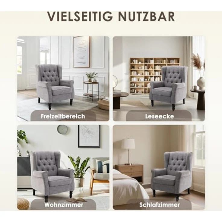 COLAMY Mid-Century Modern Sessel Wohnzimmer, Gepolsterter Wingback-Sessel mit Knopfsteppung, loungesessel Bezug aus Gewebe mit Massivholzbeinen für Wohnzimmer, Büro, Café - Dunkelgrau – Bild 7