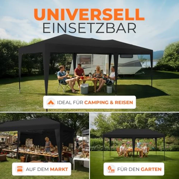 Kronenburg Faltpavillon wasserdicht Pavillon mit 6 Seitenteilen, Gartenzelt, 3x6 m - mit UV Schutz 50+, Schwarz – Bild 8
