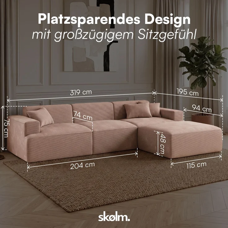 skølm 'Freki' Cloud Sofa 3 Sitzer mit Hocker, Vollschaumcouch mit Federkern und Vakuum-Kompression, kein Aufbau erforderlich, mit 3 Kissen, Cord taupe – Bild 9