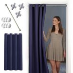 tinycurtains Türvorhang mit Stange silber 70-120 cm Thermo Vorhang ohne Bohren, blickdicht, Ösen, abdunkelnd, Polyester, dunkelblau Ocean, Türgardine mit Klemmstange Raumtrenner verdunkelnd