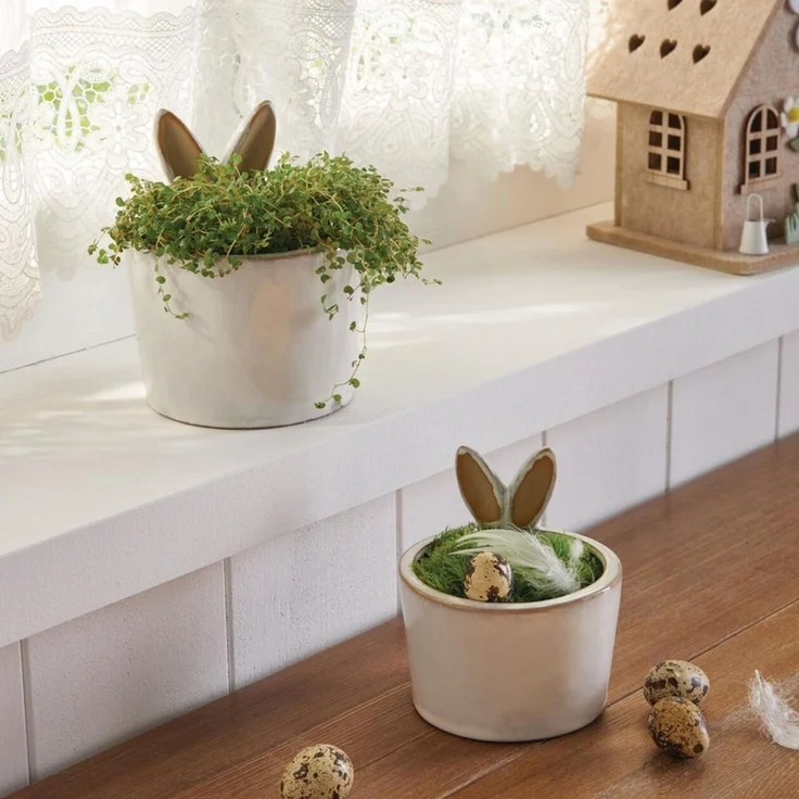 Dekoleidenschaft Blumentopf "Hasenöhrchen" aus Porzellan, Pflanztopf, Übertopf klein, Osterdeko (2 St, im Set), in creme-weiß & beige – Bild 2