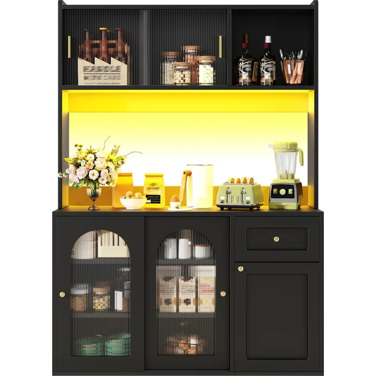Küchenschrank, Hochschrank, Vitrinenschrank, Buffetschrank mit Verstellbaren Ablagen, Esszimmerschrank, Sideboard mit LED-Beleuchtung, schwarz--Schwarz--120x35x167cm--YOUDENOVA – Bild 6
