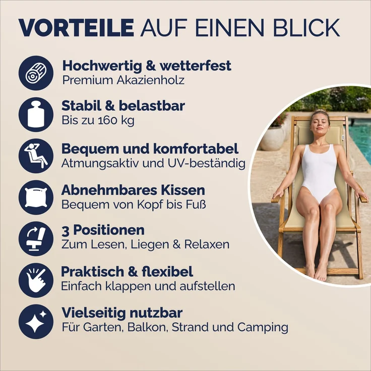 Sonnenliege Gartenstuhl Akazienholz 4 verschiedene Farben – Bild 8
