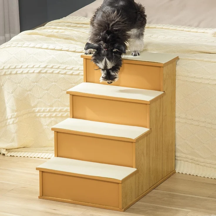 PawHut Haustiertreppe 4-stufig mit rutschfester Matte (Katzentreppe, 1-St, Hundetreppe), Rutschfeste Stufen mit abnehmbaren Teppichen – Bild 2