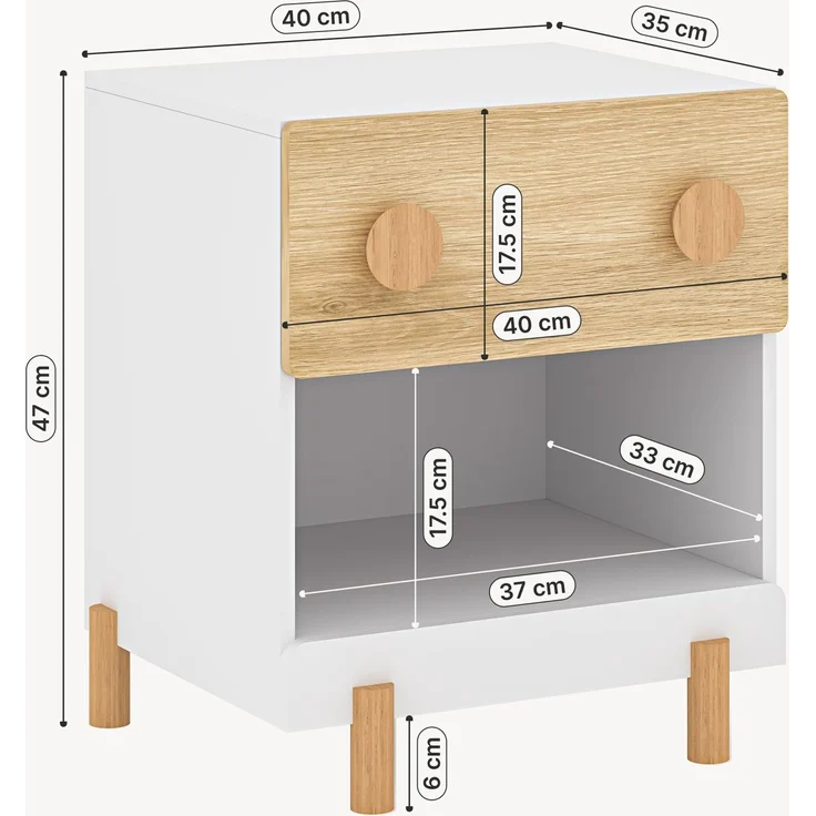 Kindernachttisch Vaarentaa mit Schublade und Ablagefach 47 x 40 x 35 cm Weiß/Eicheoptik [en. casa] – Bild 2
