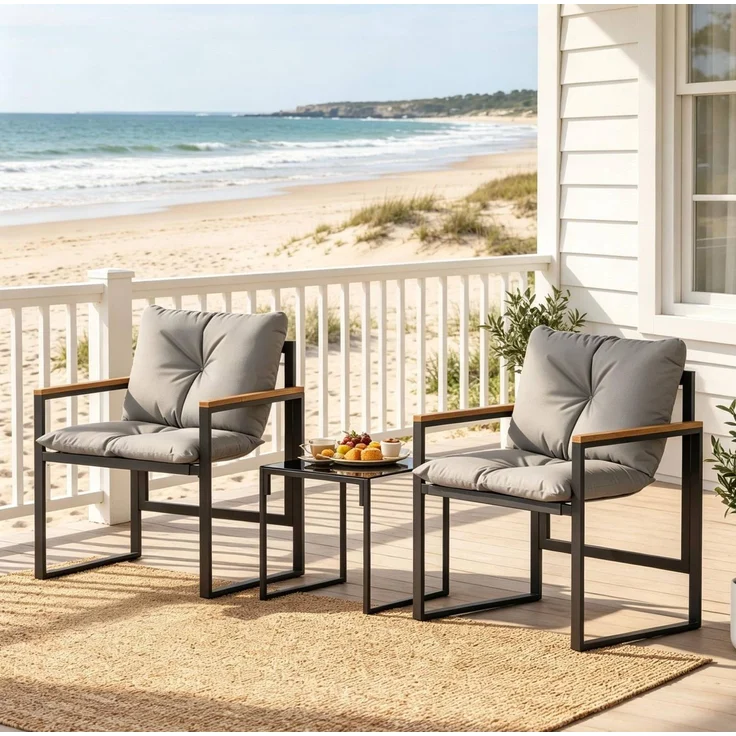 Gartenmöbel-Set mit 2 Sesseln 64 x 62 x 68 cm und Tisch 40 x 40 x 40 cm – Glasplatte, Schwarz und Grau – Bild 2