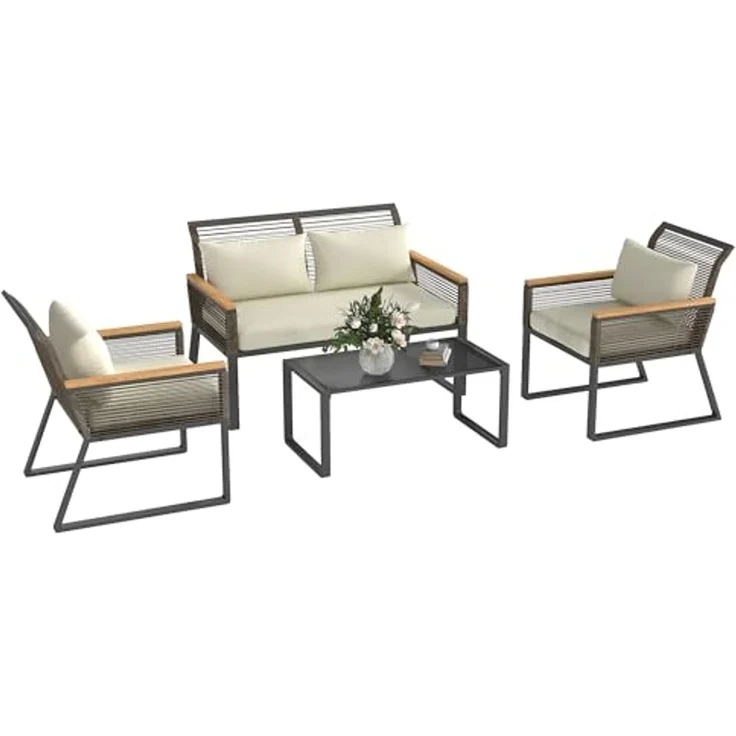 Outsunny Sitzgruppe 4 Personen, mit 2er Sofa, 2 Stühle, Glastisch, Kissen, (wetterfest Balkonmöbel-Set, 4-tlg, Polyrattan Gartenmöbel Set), Gartenlounge für Garten Balkon Grau+Beige – Bild 1