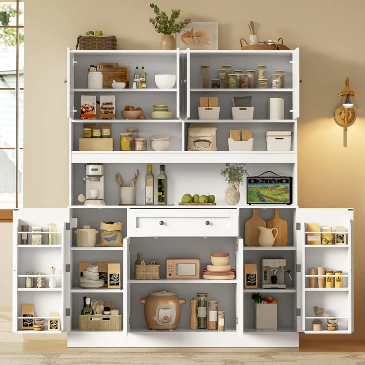 ZUBALIYA Buffetschrank 140x40x185 cm, mit verstellbaren Einlegeböden, aus MDF, Weiß – Bild 16