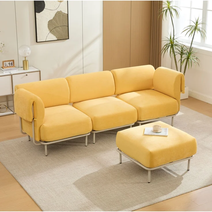 Modulares 3-Sitzer-Sofa mit Hocker, Chenille, 251x155x78 cm, Senfgelb – Bild 1