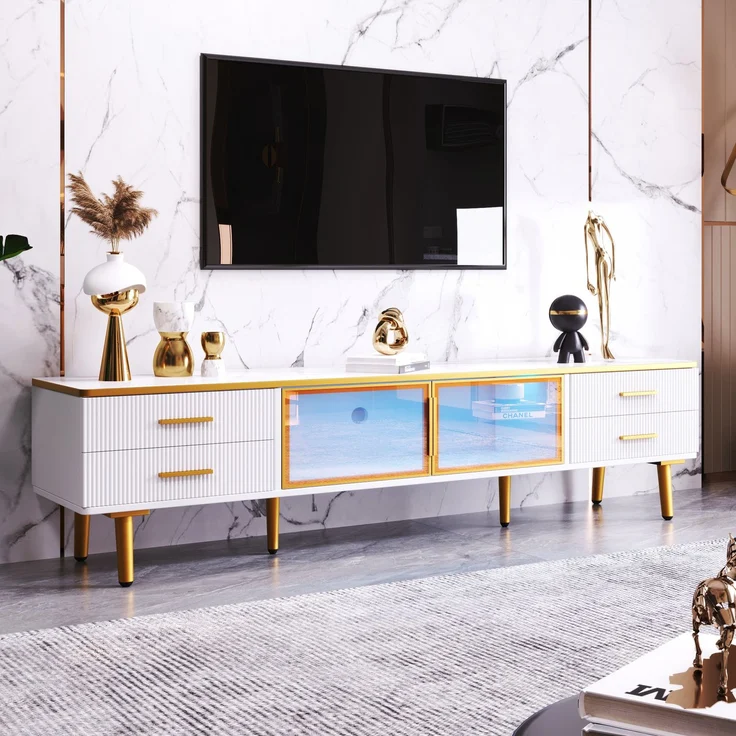 TV-Schrank 170 cm Weiß Gold mit Marmormuster und braunem Glas, Lowboard mit 4 Schubladen und 2 Türen – Bild 2