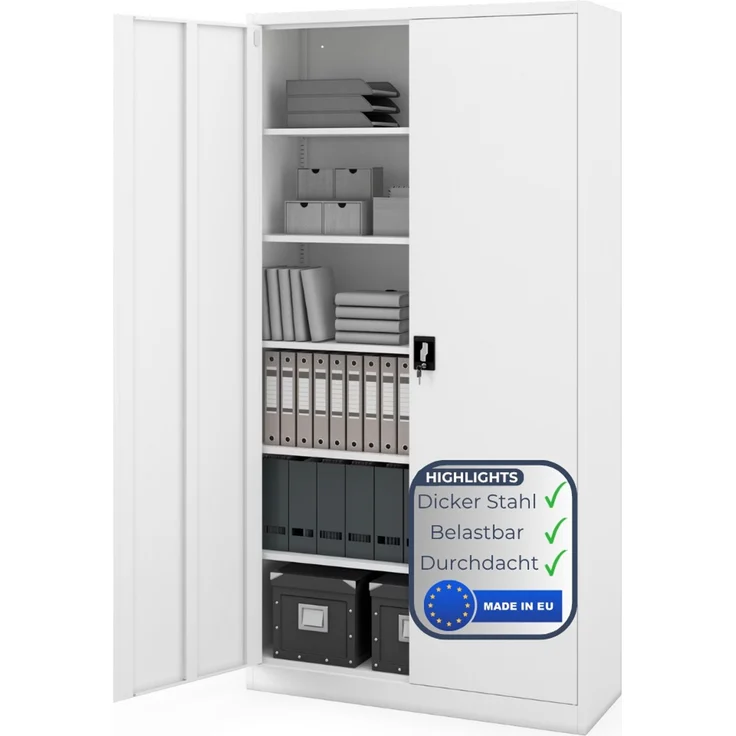 Aktenschrank abschließbar KADO - 6 Ebenen verstellbar, Flügeltüren | Metallschrank Werkstatt Mehrzweckschrank Büroschrank aus Stahl Werkzeugschrank, 220 x 115 x 40 cm Weiß – Bild 1