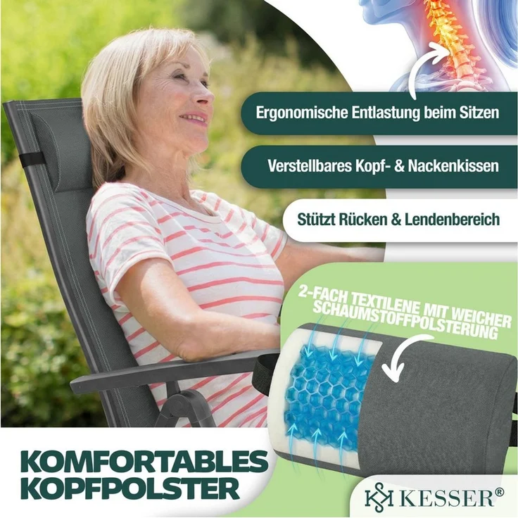 KESSER® Gartenstuhl Hochlehner mit Armlehnen | Aluminium Klappstuhl inkl. Kopfkissen Campingstuhl 7-Fach Verstellbar Rückenlehne | Atmungsaktiv & Wetterfest | Klappbar & Anti-Rutsch Anthrazit, 1 Stück – Bild 4