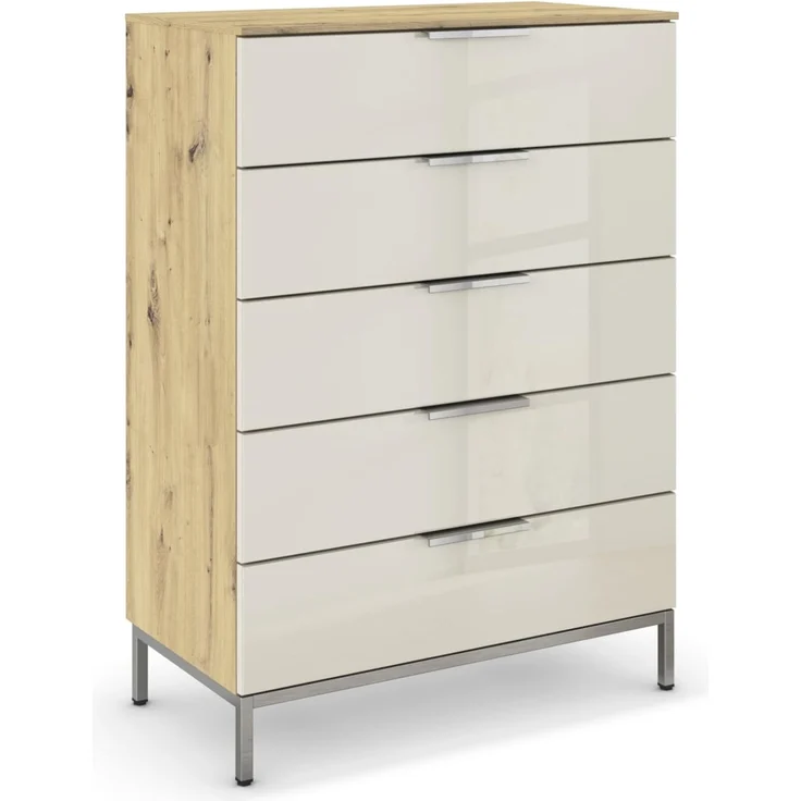 Rauch Möbel Flipp, Nachttisch für Schlafzimmer, Flur, Garderobe, 5 Schubladen, mit Softclose Funktion, Griffe und Metallkufe Chrom, Farbe Eiche Artisan, Holz/Glas Beige, Breite 80 cm