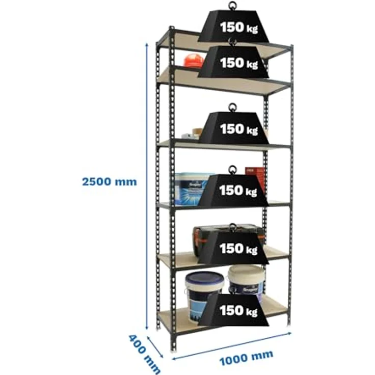 Simon Rack Schwerlastregal, 2500 x 1000 x 400 mm, Bis 150 kg Belastbar, 6 Verstellbare Ablagen, MDF-Platten, Kellerregal, Lagerregal, Anthrazit/Holz - Maderclick – Bild 3