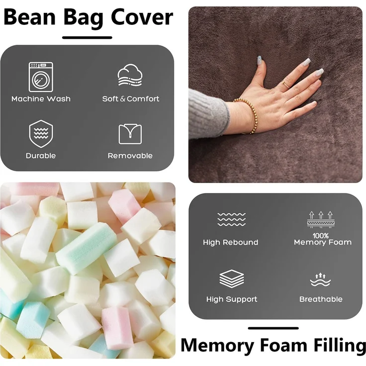 5FT Sitzsack,Sitzsackstuhl, Sofa für Erwachsene,weicher und bequemer Lesestuhl,geeignet für Schlafzimmer, Balkone und andere Orte--Braun--130x120x60cm--YOUDENOVA – Bild 3