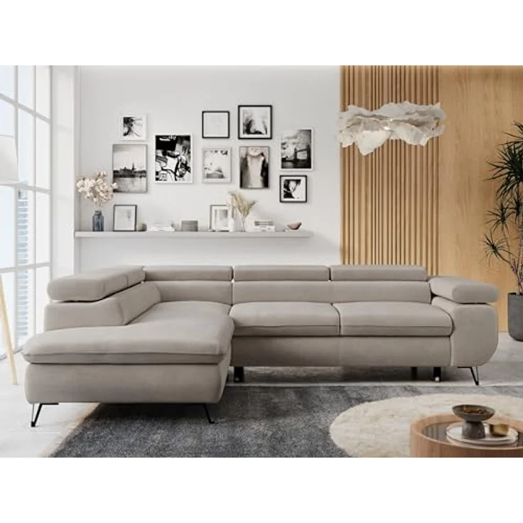 Mks Möbel 'Peter L-form' Ecksofa mit Bettfunktion, Bettkasten & einstellbaren Kopfstützen, Beige, Mikrofaser, links – Bild 3