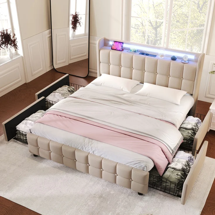 Einzelbett 160 × 200 cm mit Steckdosen,USB-Anschlüssen und LED-Beleuchtung,4 Schubladen,Leinenbezug in Beige,inklusive Matratze – Bild 6