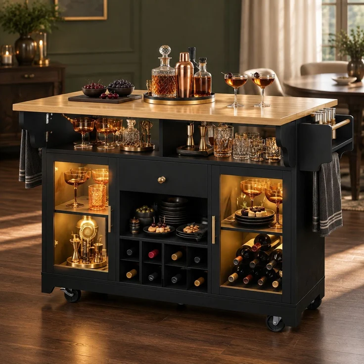Servierwagen B 120 x T 40/80 x H 95 cm, ausklappbar mit RGB-LED, MDF und Metall – Bild 2