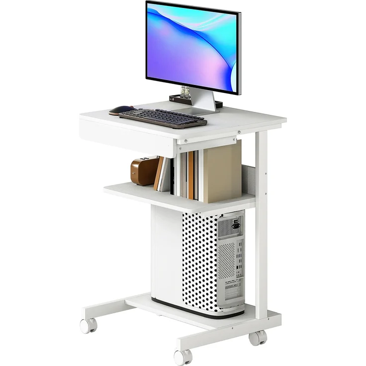 MELAYR, Roll-Schreibtisch mit Schublade und Regalen, 4 Räder, kompakt, Spanplatte, Metall, 56 x 51 x 79 cm, Weiß – Bild 2