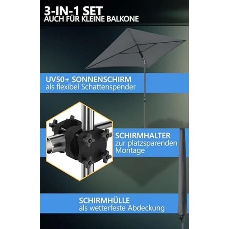 4smile Sonnenschirm Balkon SunnyShade, Sonnnenschutz Balkon SET 3-in-1, Anthrazit - UV50+ SunnyGuy Sonnenschirm rechteckig 200x125 cm + Sonnenschirmhalter Balkongeländer + Sonnenschirmhülle – Bild 6