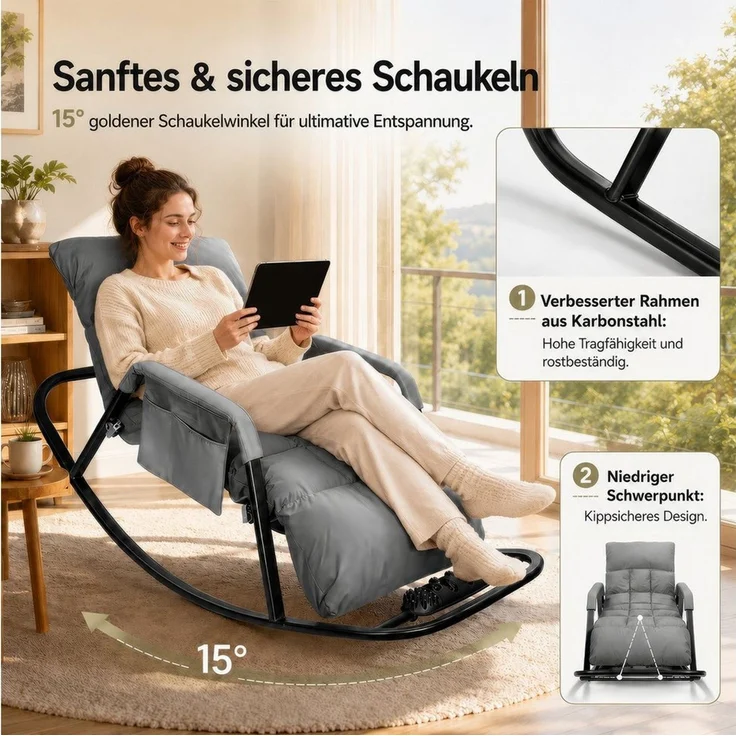 BlingBin Schaukelstuhl Liegestuhl 5-fach verstellbar bis 180° Neigung Mit Massagefußstütze (1er Set, 1 St), hoher Rückenlehne als Lesesessel für Wohnzimmer und Schlafzimmer – Bild 3