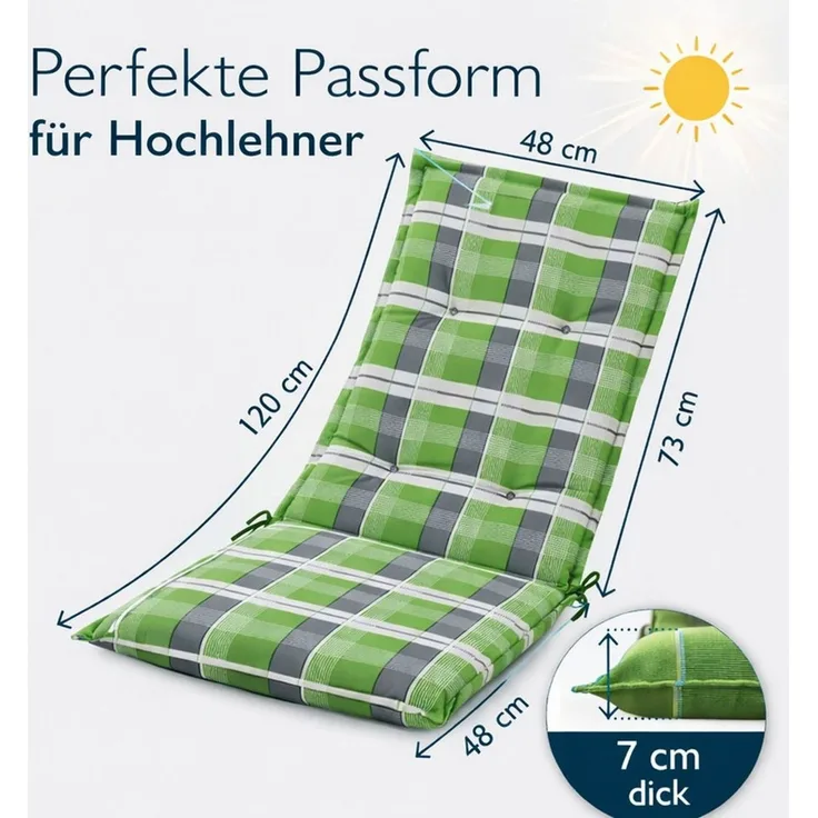 BURI 6x Auflagen Set Hochlehner für Gartenstühle 120x48x7cm Sesselauflagen Polster UV Lichtecht - Gartenstuhlauflagen Karo Muster Stuhlkissen mit Dicker Schaumstoff Füllung (Grün/Grau)