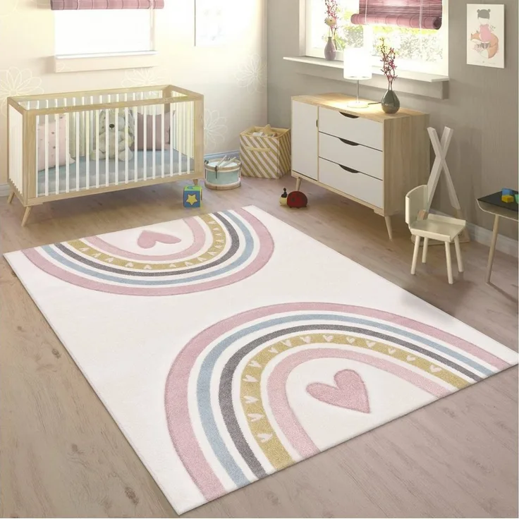Paco Home Kinderteppich Cosmos 351, rechteckig, Höhe: 16 mm, Kurzflor, Spielteppich, Motiv Regenbogen & Herz, Kinderzimmer