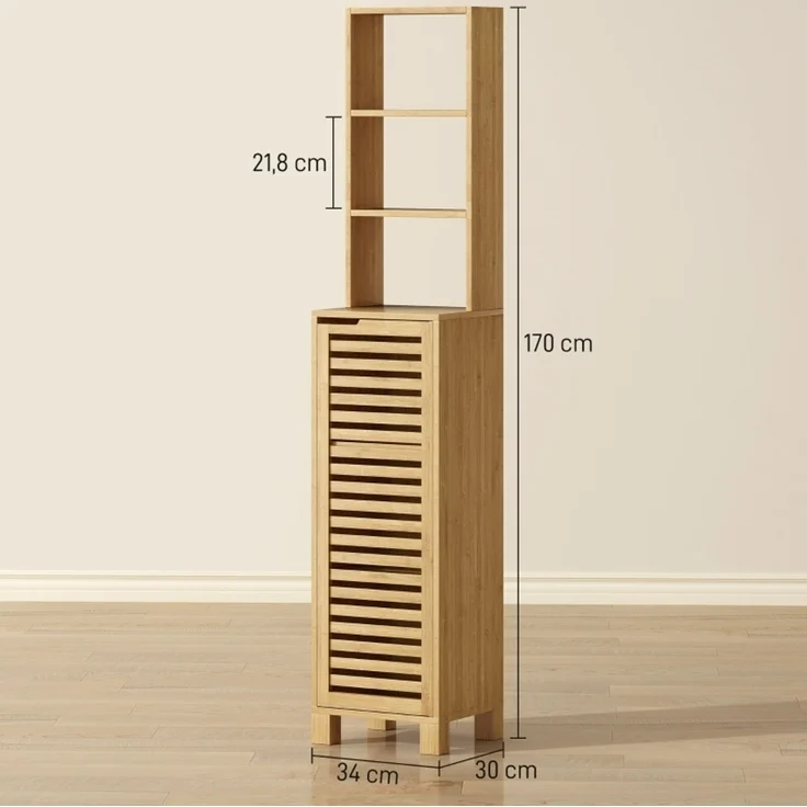 Badezimmerschrank 34 x 30 x 170 cm aus Bambus mit Lamellentür und verstellbaren Böden – Bild 2