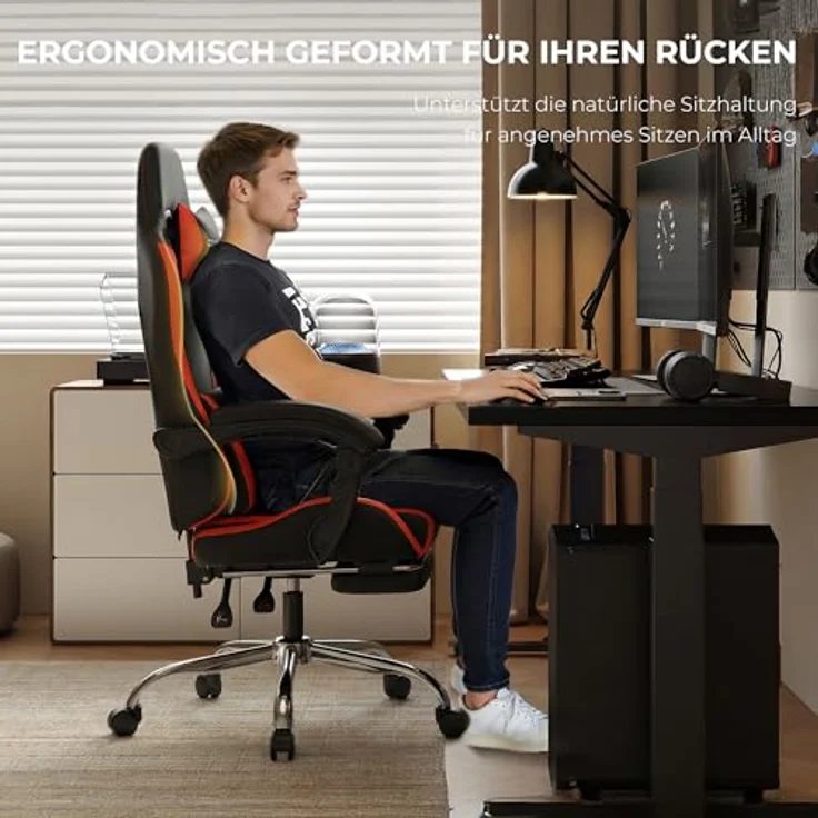 Dowinx Gaming Stuhl, Ergonomischer Gamer Stuhl für Büro und Home Office, Verstellbarer Bürostuhl mit Rückenlehne bis 150°, mit Fußstütze, Belastbar bis 180 kg, Rot – Bild 7