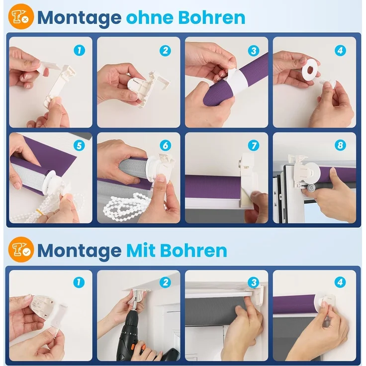 Grandekor Doppelrollo Klemmfix ohne Bohren Weiß-Anthrazit-Lia 65x150 cm(Stoffbreite 61cm) Fenster Rollos für innen Klemmrollos Duo Rollos für Fenster ohne Bohren mit Bohren Privatschutz Zebrarollo – Bild 8