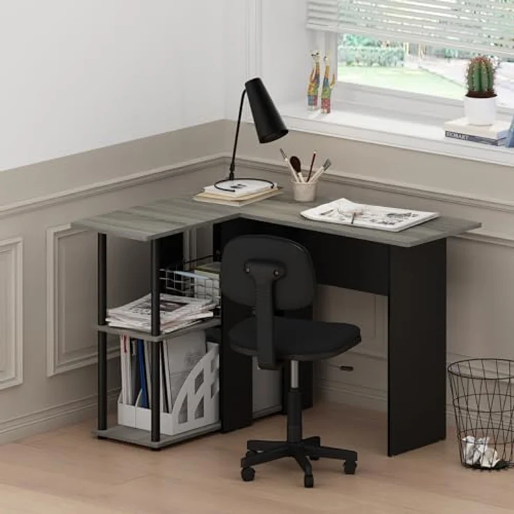 Furinno Abbott L-förmiger Schreibtisch mit Regalen, Holz, Französische Eiche Grau/Schwarz, 87.5 x 104.5 x 73.51 cm – Bild 3