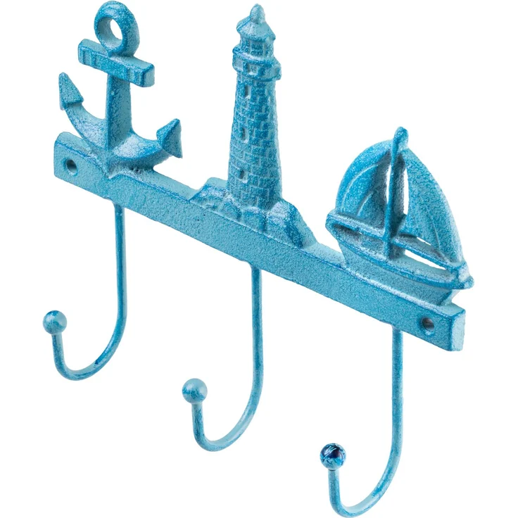 KADAX Maritime Hakenleiste aus Gusseisen 20 x 18 cm, Wandgarderobe mit 3 Haken, Kleiderhaken für Bad & Strandhaus, Garderobenleiste zur Wandmontage (Blau) – Bild 6