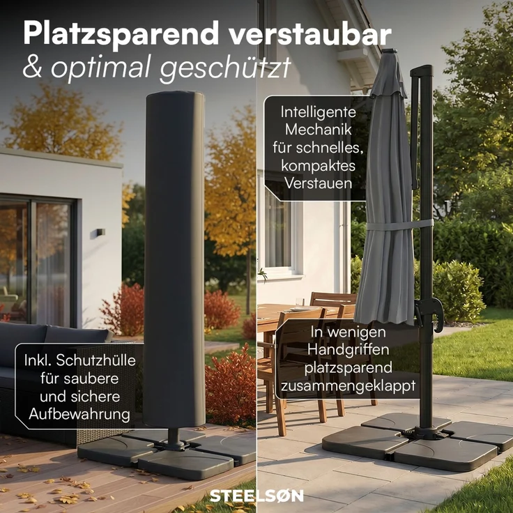 STEELSØN 'Lyrion' Sonnenschirm 300x300 cm quadratisch, neigbar und 360-Grad drehbar, anthrazit, Ampelschirm inkl. Abdeckung, UV50+ – Bild 7
