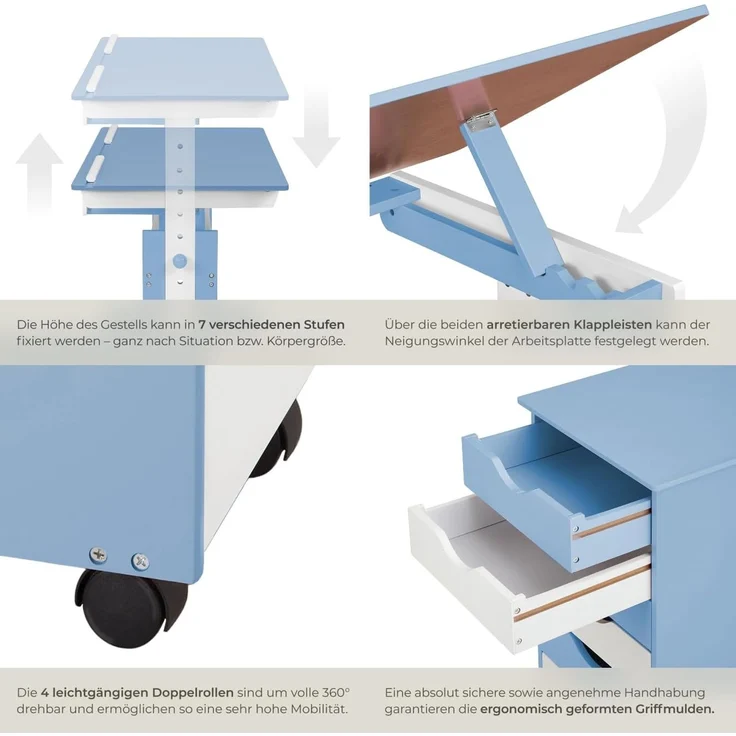 Kinderschreibtisch höhenverstellbar und Rollcontainer - blau – Bild 6
