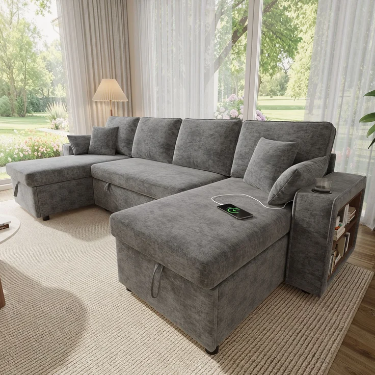 ZUBALIYA Schlafsofa, mit Stauraum, mit USB-C-Anschluss, mit Schlaffunktion, modular kombinierbar, mit Getränkehaltern, H 86 × T 270 × B 125 cm, Grau, Chenille – Bild 3