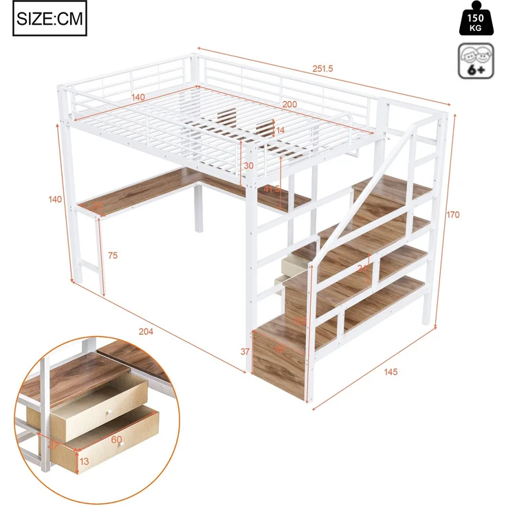 Merax Hochbett, Kinderbett 140 x 200 cm, Jugendbett mit 2 Schubladen, mit LED-Lichtleiste, Schreibtisch, Ohne Matratze, Weiß – Bild 4