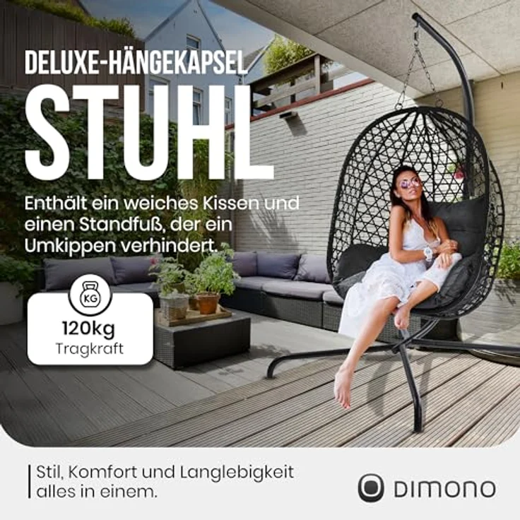 Goods+Gadgets Hängestuhl Hängesessel mit Gestell (Hängekorb Sessel), Schwebeliege Rattan Outdoor & Indoor Relax-Stuhl – Bild 3