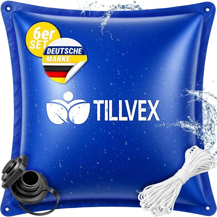 tillvex® Poolkissen Winter 6X XXL 120x120 cm mit 12m Seil & Reparaturkit | Luftkissen zur Poolabdeckung frost- & chlorbeständig bis -20°C | Winterkissen inkl. Schraubventil | Kissen Überwinterung Pool – Bild 2