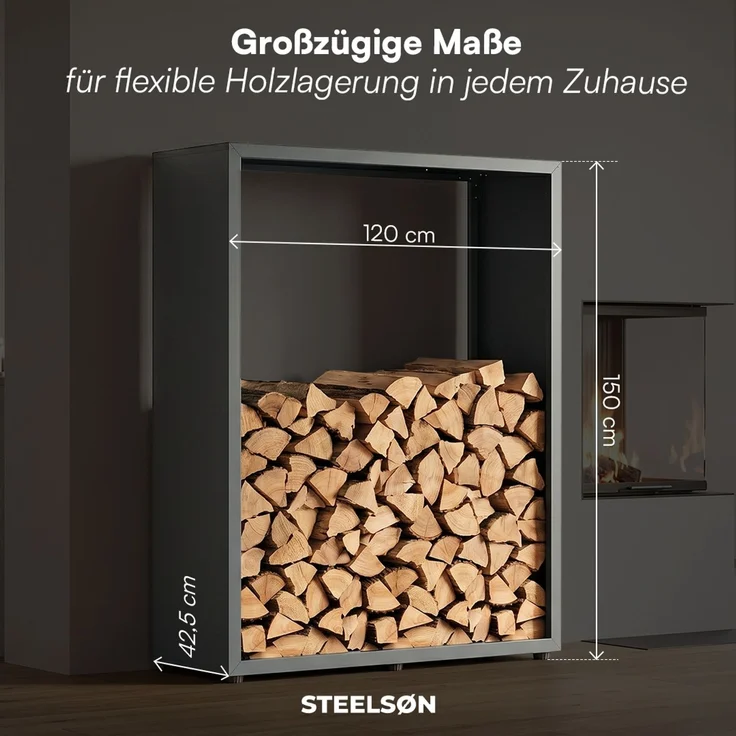 STEELSØN ‚Keid’ Kaminholzregal 150x120x42,5 cm, Brennholz Regal für innen/außen, rostfrei & wetterfest, stabil aus Metall, anthrazit – Bild 8