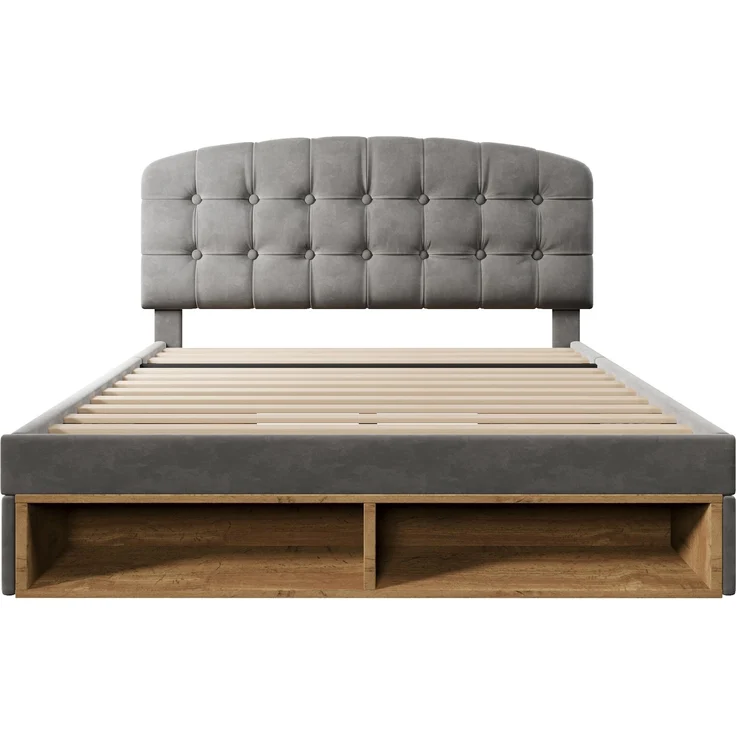 Merax Doppelbett 140x190 cm, Polsterbett mit Lattenrost, Bettgestell mit gebogenem höhenverstellbarem Kopfteil, Bett mit Schubladen und Stauraum, Samt, Grau – Bild 8