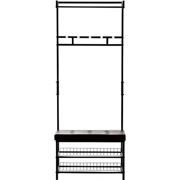 HOMCOM Garderobenständer, All-in-One Garderobe mit 5 Haken, Schuhablagen und Sitzbank, Schwarz-Braun, Metall, 35x180x72,5 cm – Bild 4
