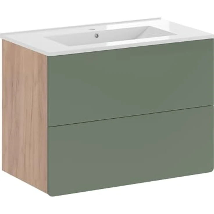 Vichy Badmöbelset Izan, 2-teiliges Badmöbel-Set in Goldkraft Eiche/Grün mit Waschbeckenunterschrank und Spiegelschrank mit Beleuchtung – Bild 1