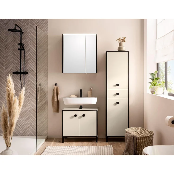 Schildmeyer Badmöbel-Set Edda 702056, Spiegelschrank, Waschbeckenunterschrank, Hochschrank, cremebeige – Bild 1