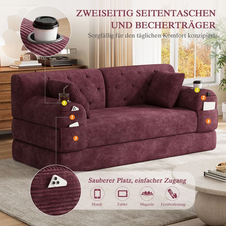 TavilaEcon 2-Sitzer Schlafsofa, komprimiertes Cord Sofa mit hoher Rückenlehne rot 81 × 80 × 168 cm (H × T × B) – Bild 5