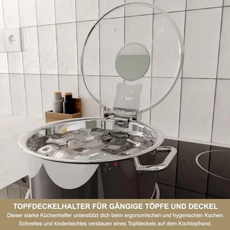KDR Produktgestaltung Kochtopf Topfdeckelhalter Überkochschutz Deckel Halter Heber Ablage Kochlöffel, (1-tlg), 1x Halter – Bild 3
