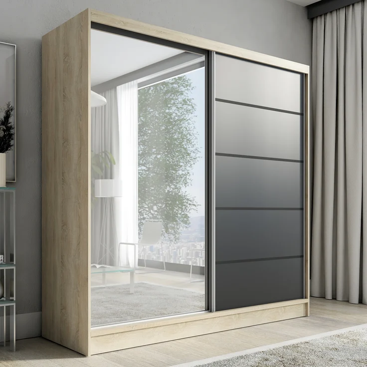 Schwebetürenschrank NERO 2 2-türig Schrank 200 cm (mit Spiegel) Farbe: Sonoma , schwarz – Bild 1