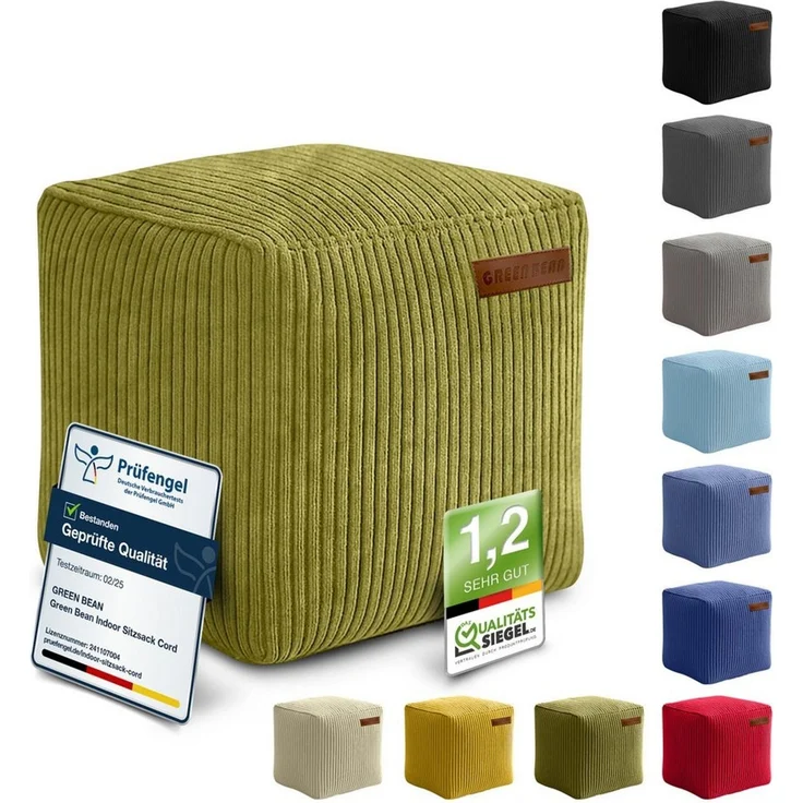 Green Bean Indoor Cord Sitzhocker Pouf Cube 40x40x40cm mit EPS-Perlen Füllung - kuschelig weich waschbar - die ideale Ergänzung zum Sitzsack für Kinder & Erwachsene - Grün – Bild 2