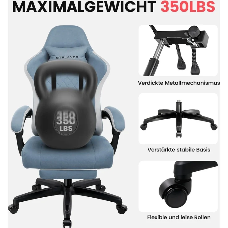 GTPLAYER Gaming Stuhl Stoff, Gaming Sessel mit Taschenfederkissen, ergonomischer Drehstuhl, Gamer Stuhl mit Fußstütze150 kg Belastbarkeit, hellblau – Bild 9